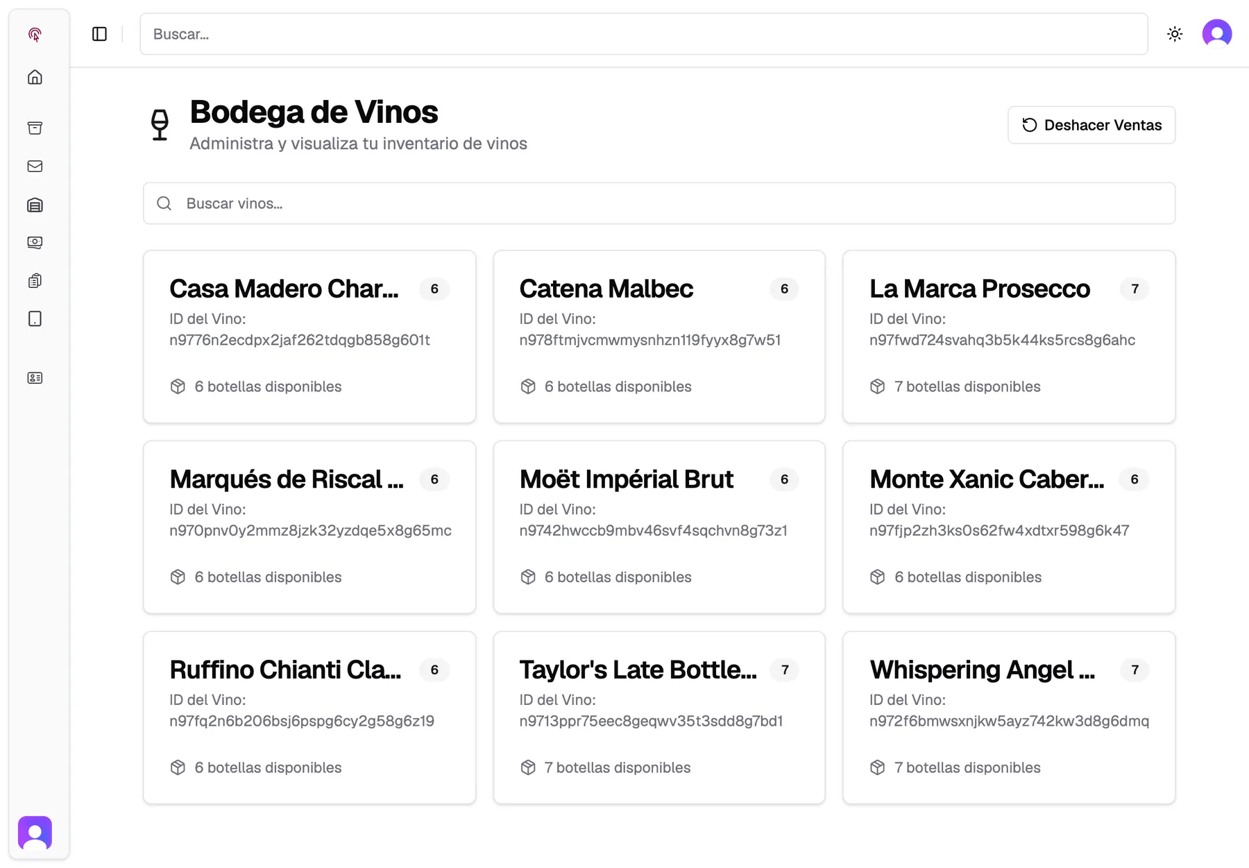 Una cava en Vinos: nueve vinos, cada uno con las botellas disponibles.